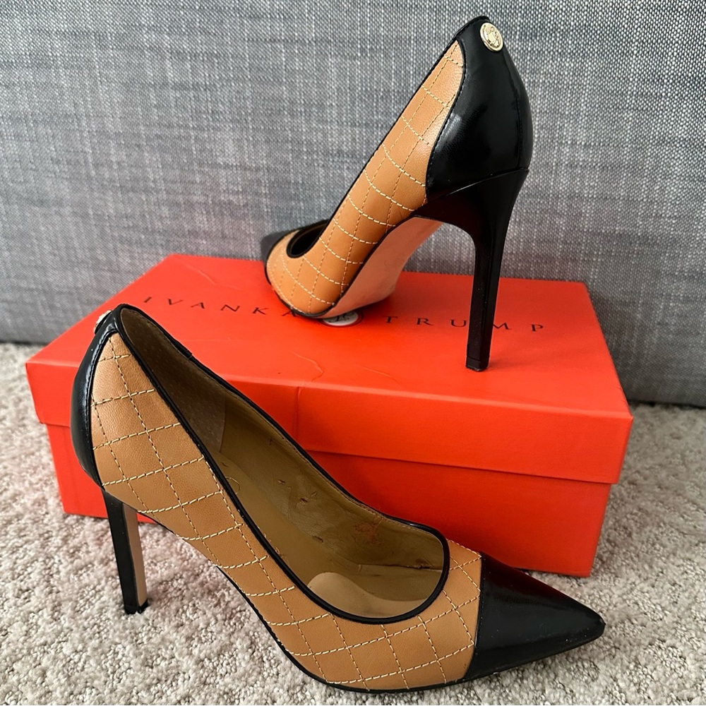 Ivanka Trump Black and Tan Pointy-Toe Heels